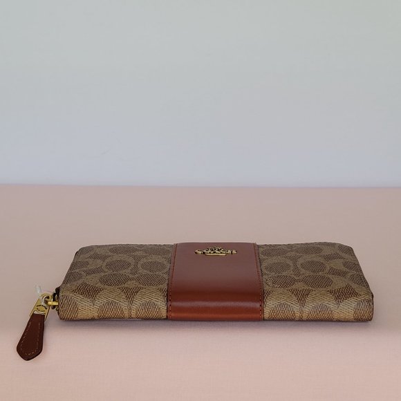 COACH Signature Logo Coated Canvas & Leather Slim Accordion Zip Wallet- Tan Rust - Picture 8 of 16